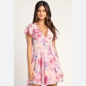 Lulus In the Gardens Blush Pink Floral Print Surplice Mini Dress